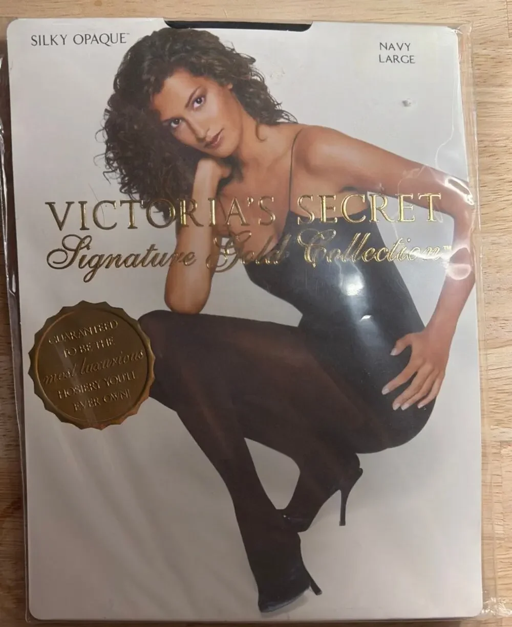 NWT Vintage Victoria's Secret Signature Gold Pantyhose Stockings Navy Large